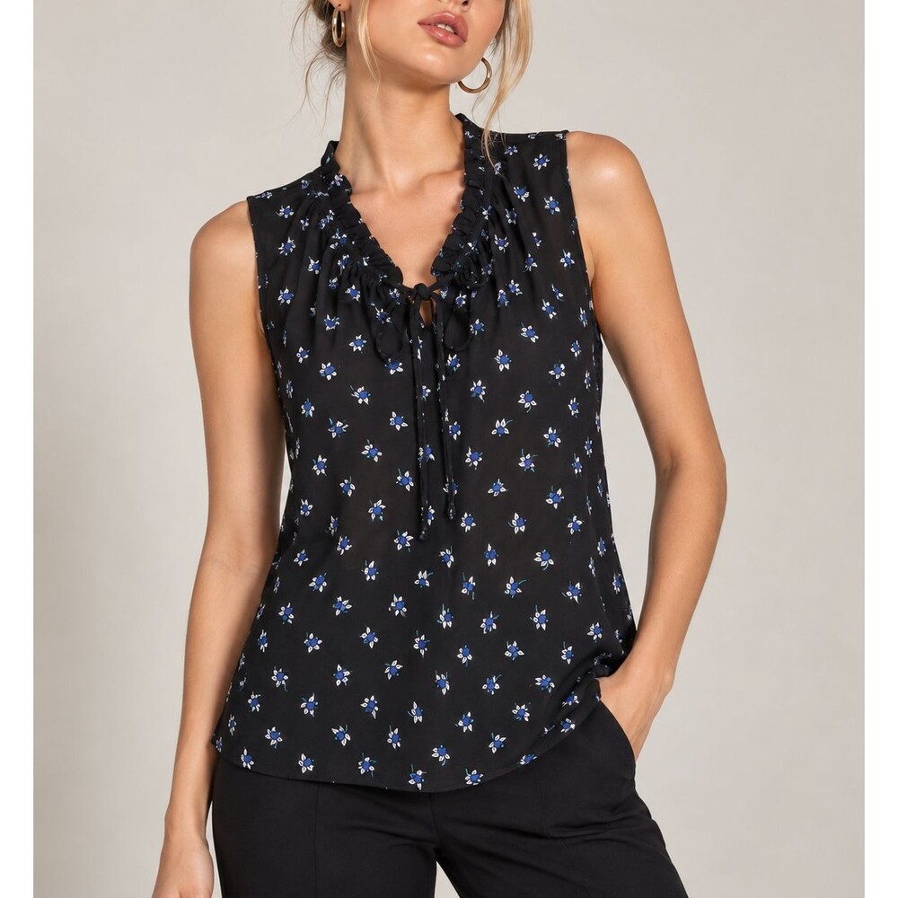 LOFT Women's M Black Floral Sleeveless Ruffle Tie Neck Blouse Romantic Preppy